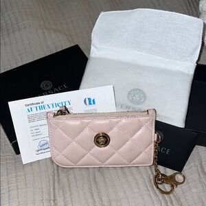 Authentic Versace Blush Quilted Card Holder with Medusa Gold Accent.